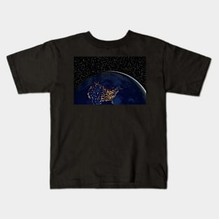 Planet Earth during the night against dark starry sky Kids T-Shirt